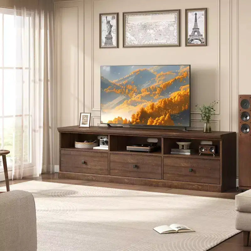 Mobile TV da 70 pollici per televisori fino a 80 pollici, mobiletto porta TV moderno di metà secolo con cassetto e ripiani aperti, console TV, mobile multimediale per camera da letto