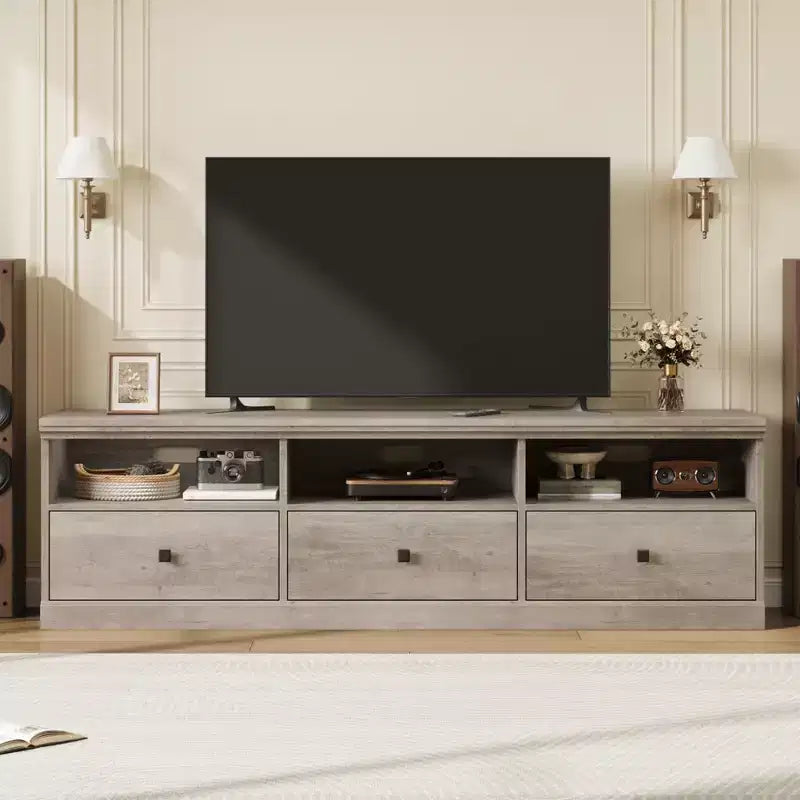 Mobile TV da 70 pollici per televisori fino a 80 pollici, mobiletto porta TV moderno di metà secolo con cassetto e ripiani aperti, console TV, mobile multimediale per camera da letto