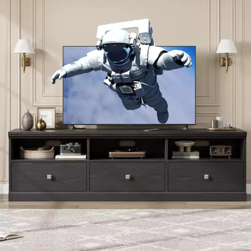 Mobile TV da 70 pollici per televisori fino a 80 pollici, mobiletto porta TV moderno di metà secolo con cassetto e ripiani aperti, console TV, mobile multimediale per camera da letto