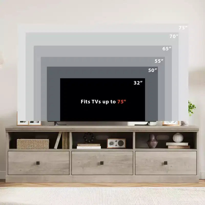 Mobile TV da 70 pollici per televisori fino a 80 pollici, mobiletto porta TV moderno di metà secolo con cassetto e ripiani aperti, console TV, mobile multimediale per camera da letto