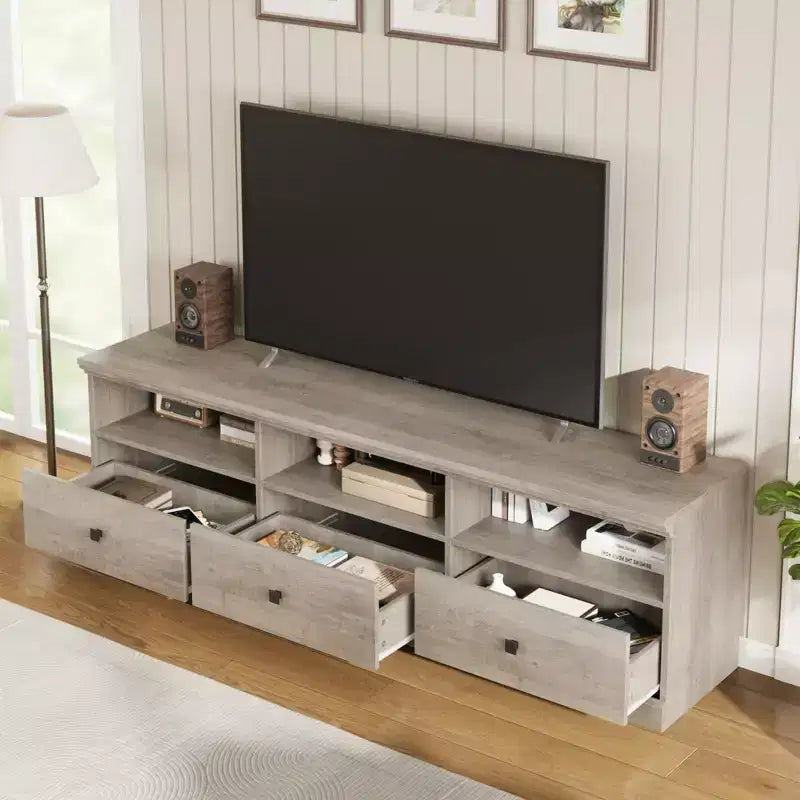 Mobile TV da 70 pollici per televisori fino a 80 pollici, mobiletto porta TV moderno di metà secolo con cassetto e ripiani aperti, console TV, mobile multimediale per camera da letto