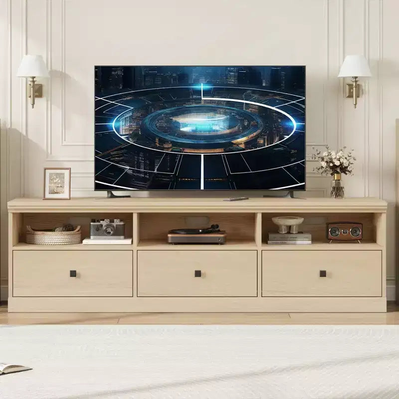 Mobile TV da 70 pollici per televisori fino a 80 pollici, mobiletto porta TV moderno di metà secolo con cassetto e ripiani aperti, console TV, mobile multimediale per camera da letto