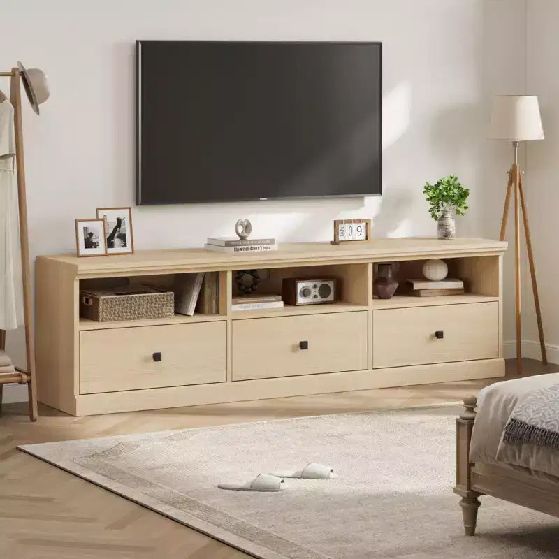 Mobile TV da 70 pollici per televisori fino a 80 pollici, mobiletto porta TV moderno di metà secolo con cassetto e ripiani aperti, console TV, mobile multimediale per camera da letto