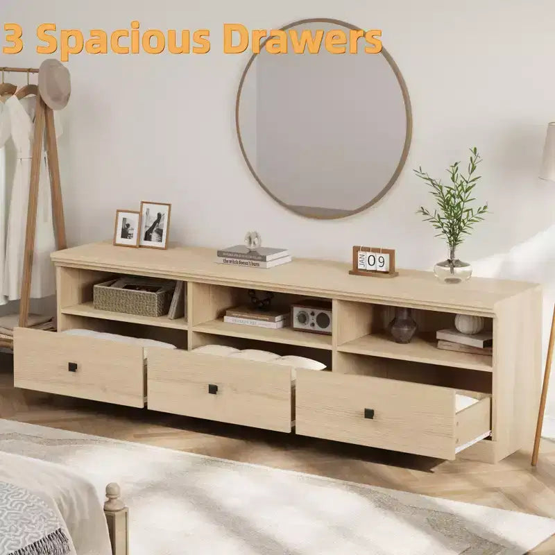 Mobile TV da 70 pollici per televisori fino a 80 pollici, mobiletto porta TV moderno di metà secolo con cassetto e ripiani aperti, console TV, mobile multimediale per camera da letto