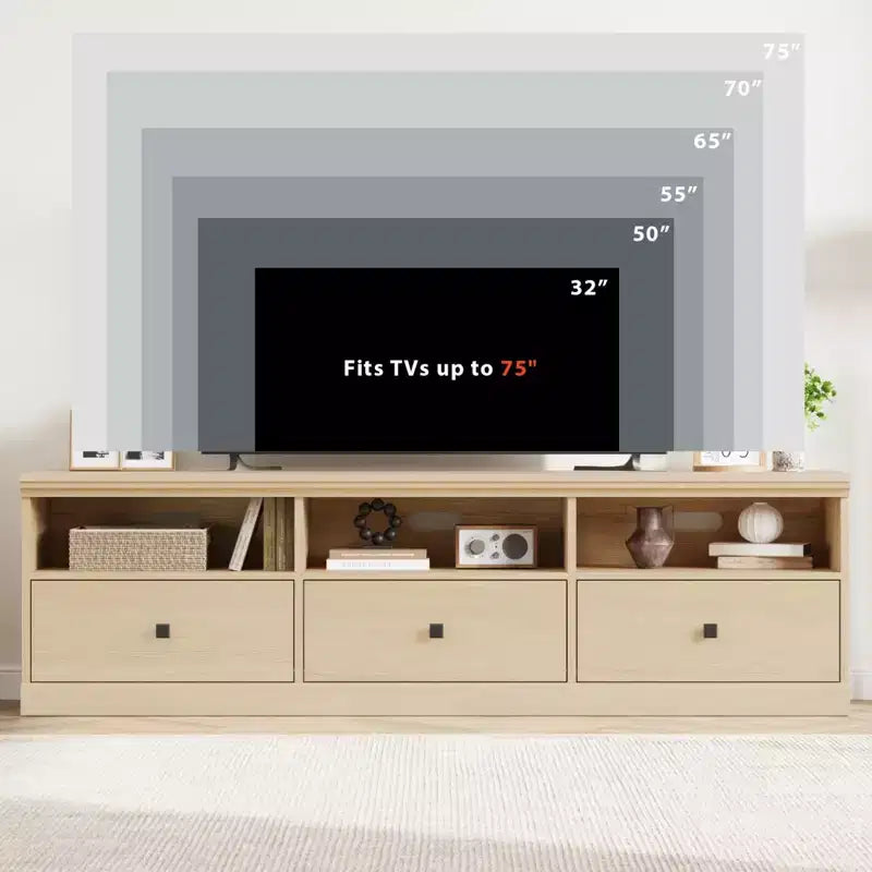 Mobile TV da 70 pollici per televisori fino a 80 pollici, mobiletto porta TV moderno di metà secolo con cassetto e ripiani aperti, console TV, mobile multimediale per camera da letto