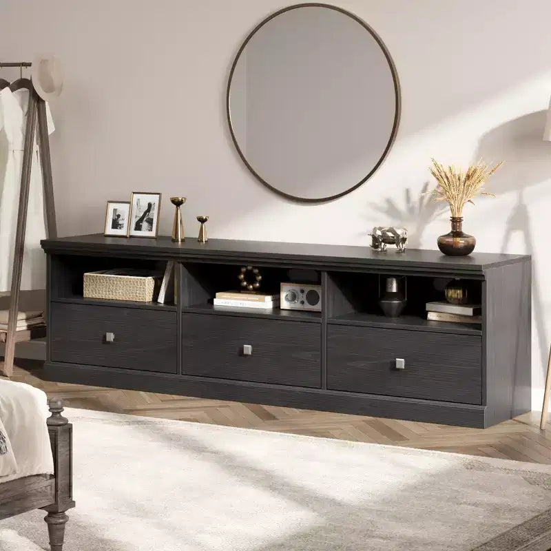 Mobile TV da 70 pollici per televisori fino a 80 pollici, mobiletto porta TV moderno di metà secolo con cassetto e ripiani aperti, console TV, mobile multimediale per camera da letto
