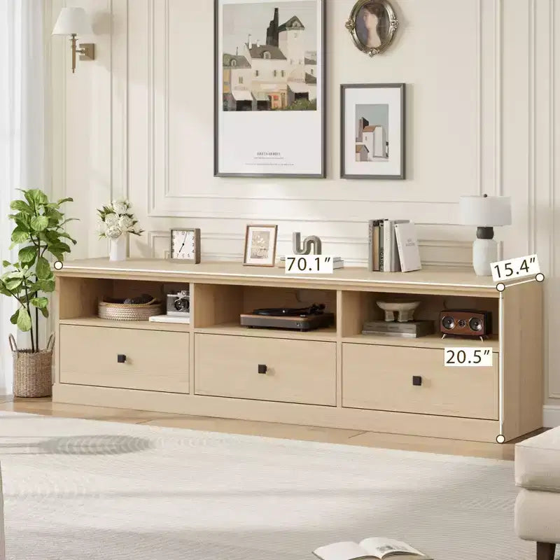 Mobile TV da 70 pollici per televisori fino a 80 pollici, mobiletto porta TV moderno di metà secolo con cassetto e ripiani aperti, console TV, mobile multimediale per camera da letto