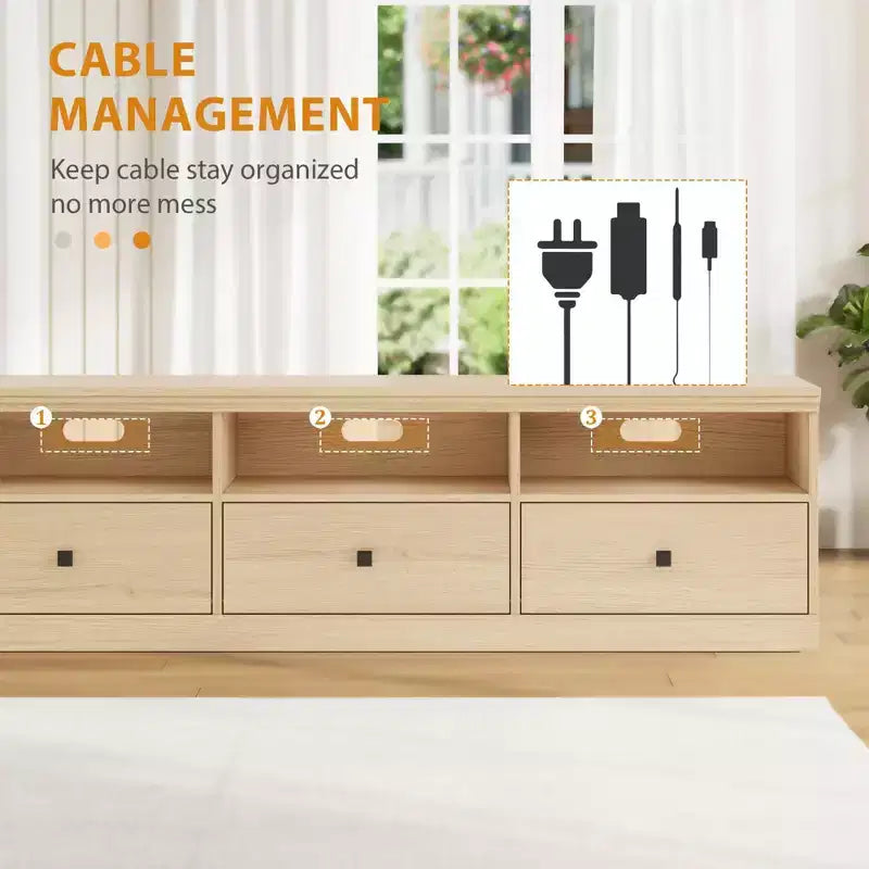 Mobile TV da 70 pollici per televisori fino a 80 pollici, mobiletto porta TV moderno di metà secolo con cassetto e ripiani aperti, console TV, mobile multimediale per camera da letto