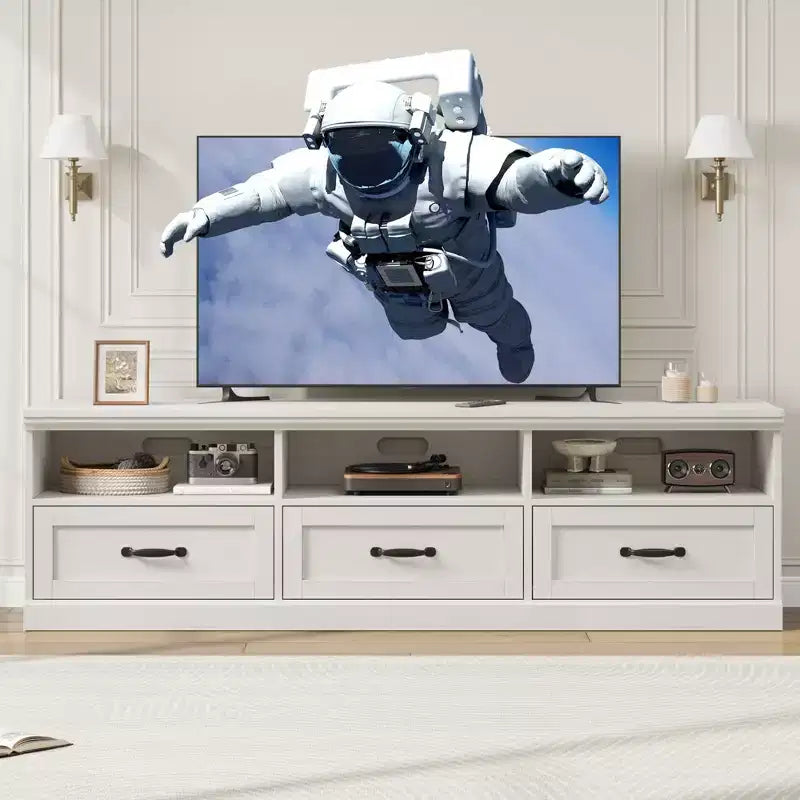 Mobile TV da 70 pollici per televisori fino a 80 pollici, mobiletto porta TV moderno di metà secolo con cassetto e ripiani aperti, console TV, mobile multimediale per camera da letto