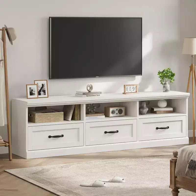 Mobile TV da 70 pollici per televisori fino a 80 pollici, mobiletto porta TV moderno di metà secolo con cassetto e ripiani aperti, console TV, mobile multimediale per camera da letto