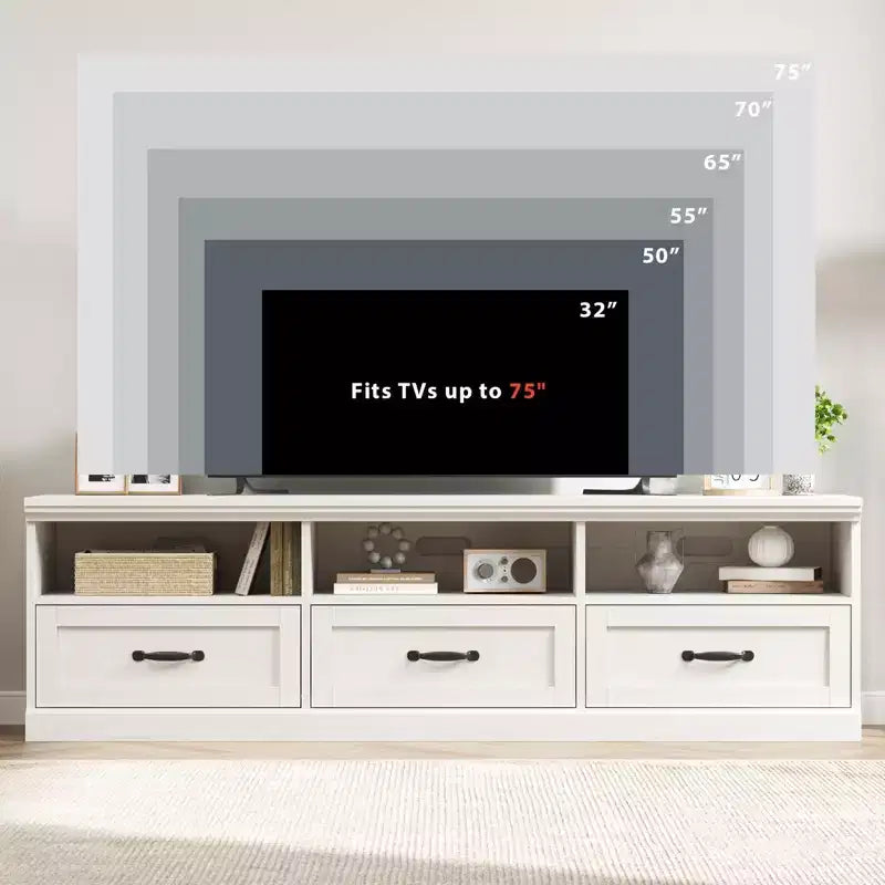 Mobile TV da 70 pollici per televisori fino a 80 pollici, mobiletto porta TV moderno di metà secolo con cassetto e ripiani aperti, console TV, mobile multimediale per camera da letto