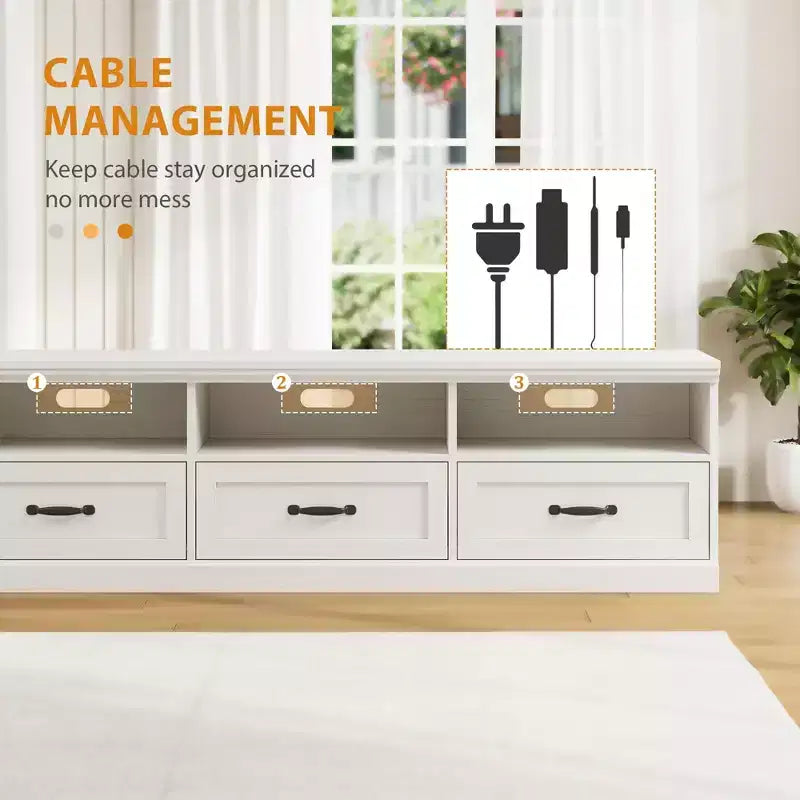 Mobile TV da 70 pollici per televisori fino a 80 pollici, mobiletto porta TV moderno di metà secolo con cassetto e ripiani aperti, console TV, mobile multimediale per camera da letto