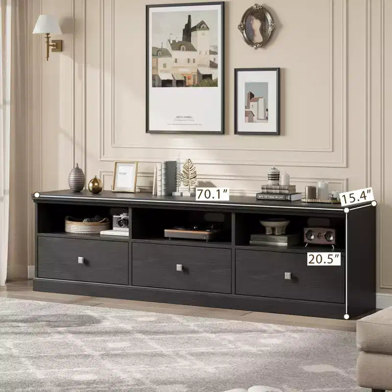 Mobile TV da 70 pollici per televisori fino a 80 pollici, mobiletto porta TV moderno di metà secolo con cassetto e ripiani aperti, console TV, mobile multimediale per camera da letto