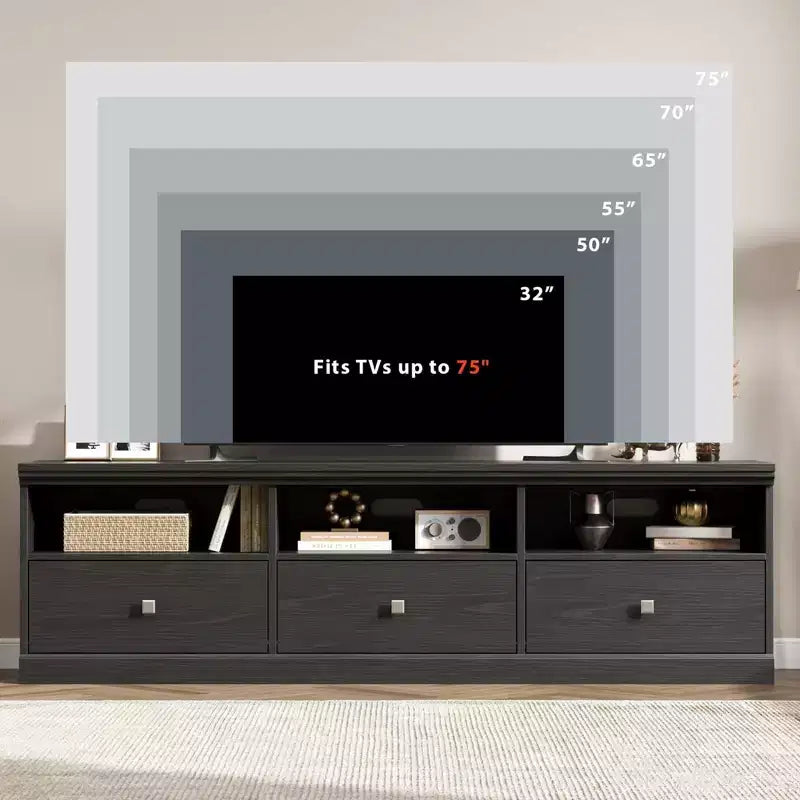 Mobile TV da 70 pollici per televisori fino a 80 pollici, mobiletto porta TV moderno di metà secolo con cassetto e ripiani aperti, console TV, mobile multimediale per camera da letto