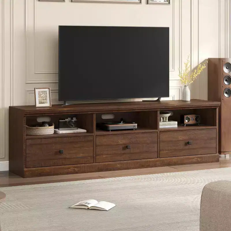 Mobile TV da 70 pollici per televisori fino a 80 pollici, mobiletto porta TV moderno di metà secolo con cassetto e ripiani aperti, console TV, mobile multimediale per camera da letto