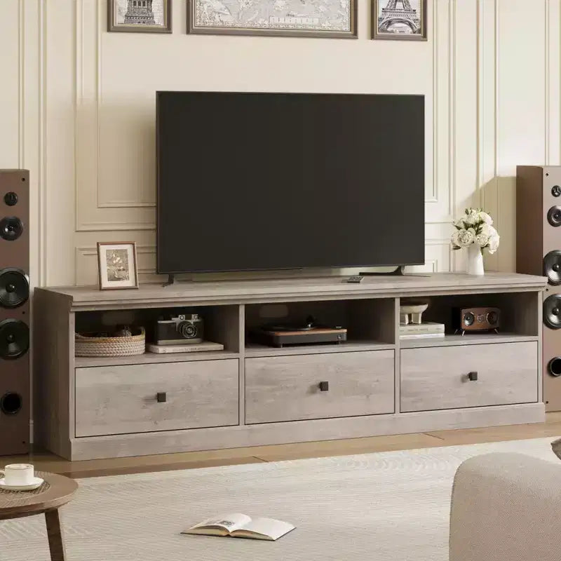 Mobile TV da 70 pollici per televisori fino a 80 pollici, mobiletto porta TV moderno di metà secolo con cassetto e ripiani aperti, console TV, mobile multimediale per camera da letto