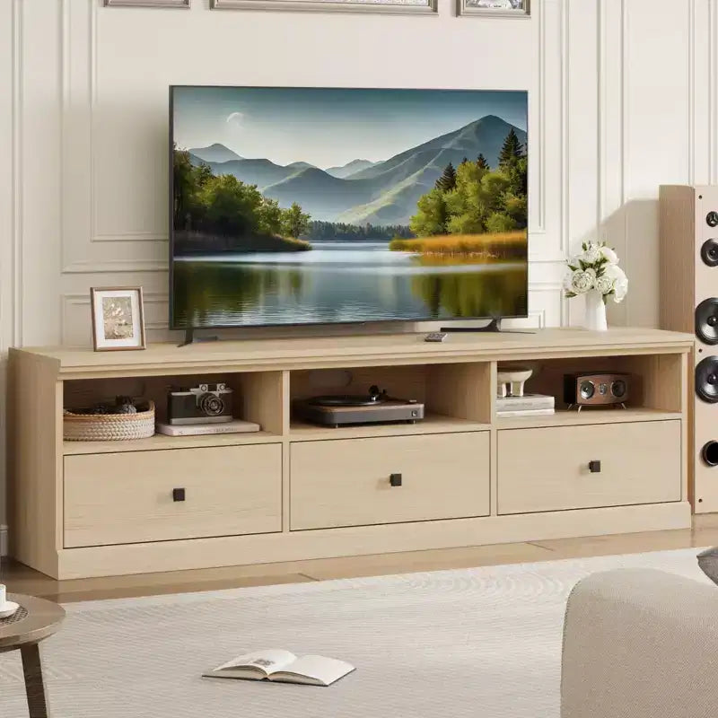 Mobile TV da 70 pollici per televisori fino a 80 pollici, mobiletto porta TV moderno di metà secolo con cassetto e ripiani aperti, console TV, mobile multimediale per camera da letto