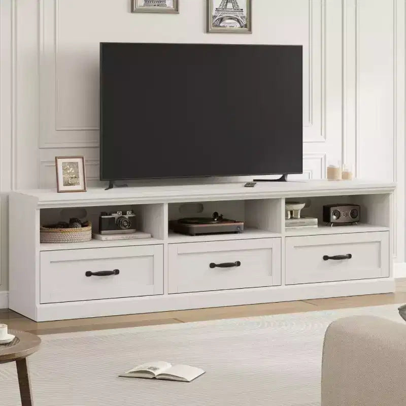 Mobile TV da 70 pollici per televisori fino a 80 pollici, mobiletto porta TV moderno di metà secolo con cassetto e ripiani aperti, console TV, mobile multimediale per camera da letto