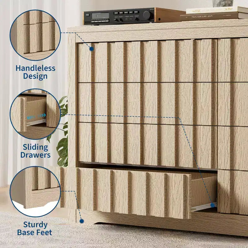 Cassettiera scanalata per camera da letto, comò moderno in legno senza maniglie, organizzatore per armadio in legno con contenitore profondo per soggiorno.