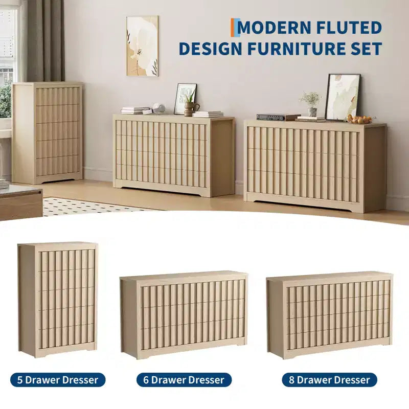 Cassettiera scanalata per camera da letto, comò moderno in legno senza maniglie, organizzatore per armadio in legno con contenitore profondo per soggiorno.