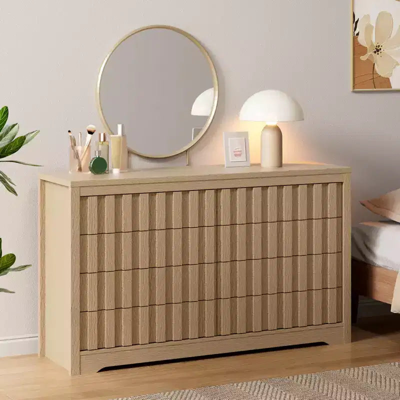 Cassettiera scanalata per camera da letto, comò moderno in legno senza maniglie, organizzatore per armadio in legno con contenitore profondo per soggiorno.
