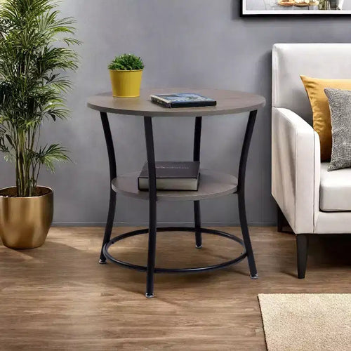 Tavolino Rotondo a 2 Livelli da 55 cm Tavolino da Divano per Soggiorno o Camera da Letto con Struttura in Metallo e Piano in Legno MDF Facile Montaggio 1 Pezzo Marrone