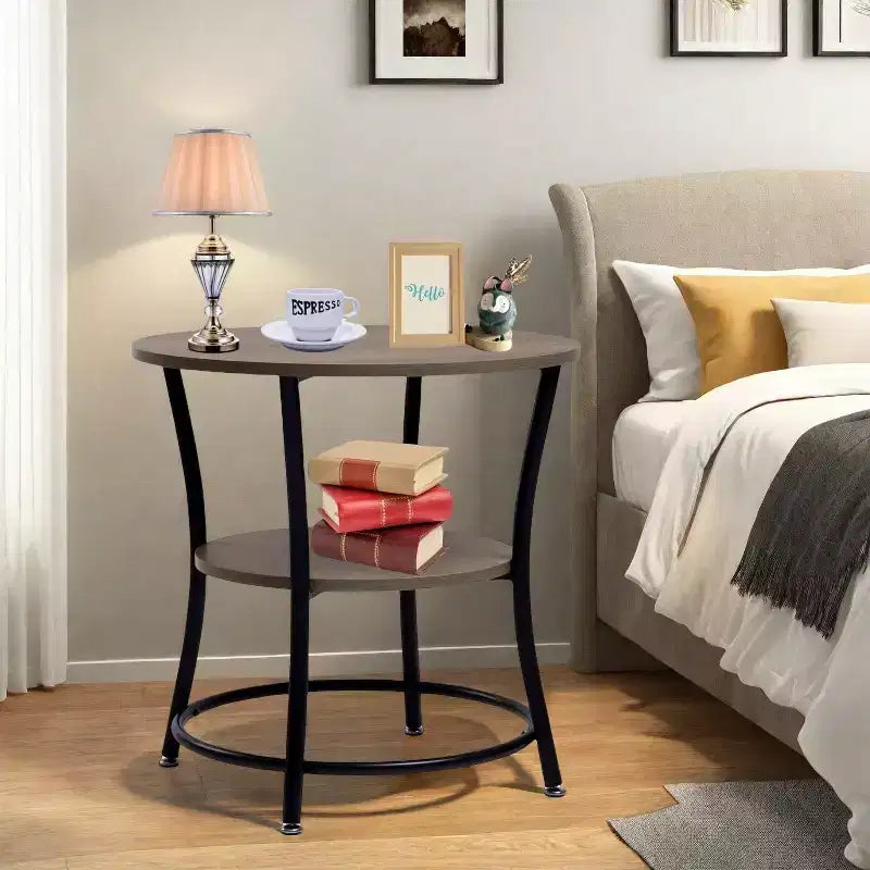 Tavolino Rotondo a 2 Livelli da 55 cm Tavolino da Divano per Soggiorno o Camera da Letto con Struttura in Metallo e Piano in Legno MDF Facile Montaggio 1 Pezzo Marrone