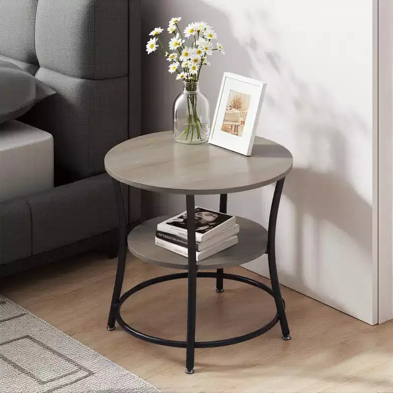 Tavolino Rotondo a 2 Livelli da 55 cm Tavolino da Divano per Soggiorno o Camera da Letto con Struttura in Metallo e Piano in Legno MDF Facile Montaggio 1 Pezzo Marrone