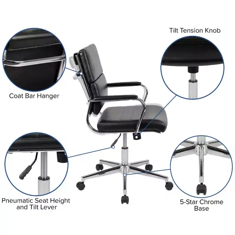 Sedia da Ufficio Girevole Ergonomica, Stile Pannello, Schienale Medio, Sedia da Scrivania per Computer con Braccioli e Base in Metallo Imbottiti