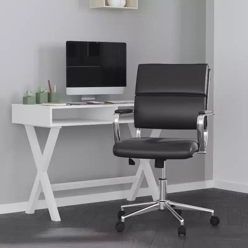 Sedia da Ufficio Girevole Ergonomica, Stile Pannello, Schienale Medio, Sedia da Scrivania per Computer con Braccioli e Base in Metallo Imbottiti